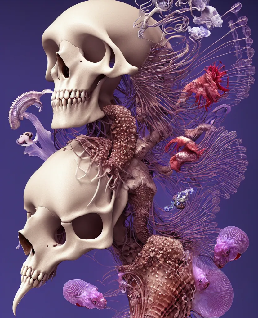 Image similar to goddess close-up portrait ram skull, thorax, x-ray, backbone, jellyfish phoenix head, nautilus, orchid, skull, betta fish, bioluminiscent creatures, intricate artwork by Tooth Wu and wlop and beeple. octane render, trending on artstation, greg rutkowski very coherent symmetrical artwork. cinematic, hyper realism, high detail, octane render, 8k