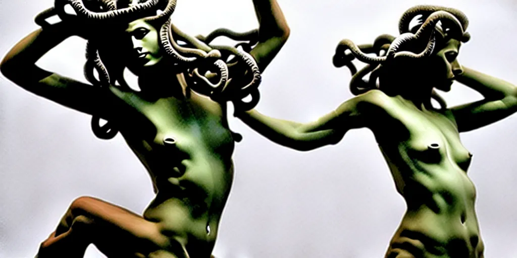 Image similar to modern sculpture, young woman as medusa, multiple poses, androgynous