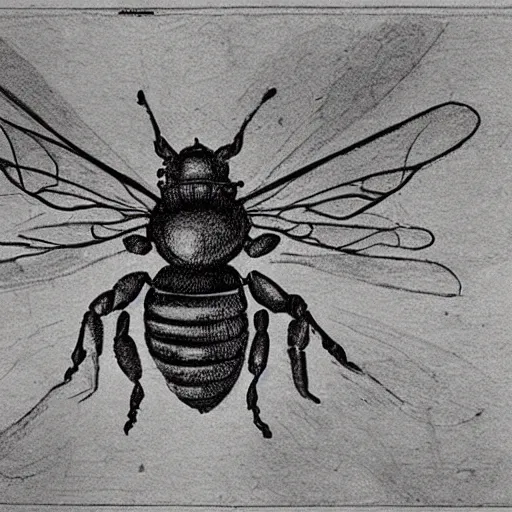 Image similar to Leonardo da Vinci detailed sketch of a mechanical bee, concept art, pencil on paper, technical sketch, blueprint