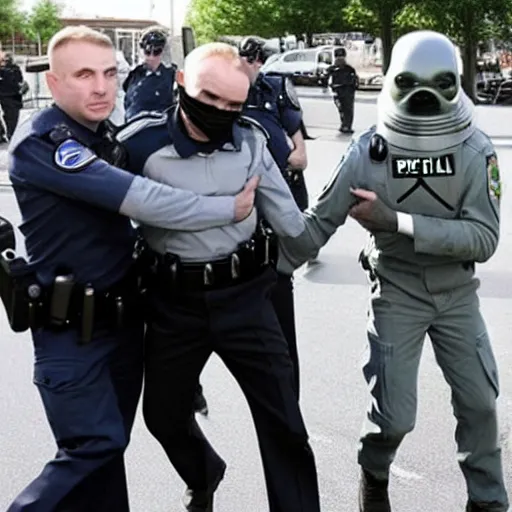 Image similar to an extraterrestrial grey xfiles alien reticulan being arrested by spetsnaz