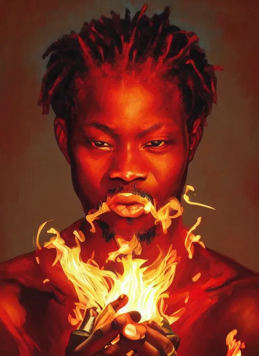 Image similar to portrait of african man, fire, red aura in motion, floating pieces, painted art by tsuyoshi nagano, greg rutkowski, artgerm, alphonse mucha, spike painting