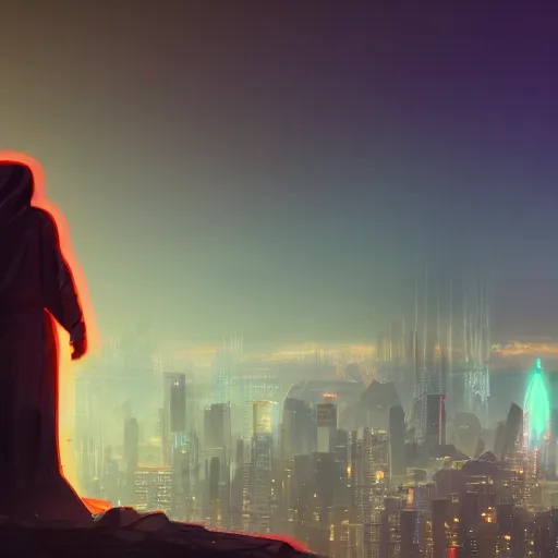 Prompt: a tall, skinny robot wearing a dark flowing robe and a hood, standing and staring out over a tall cliff, a futuristic city in the background, glowing neon lights, cyberpunk, 8 k, unreal engine render, highly detailed