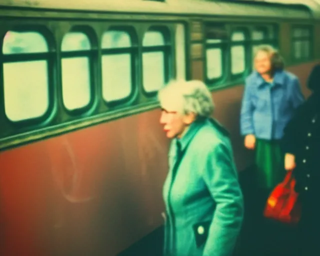 Image similar to a lomography photo of rumble between two grandmoms in soviet train this morning, bokeh,