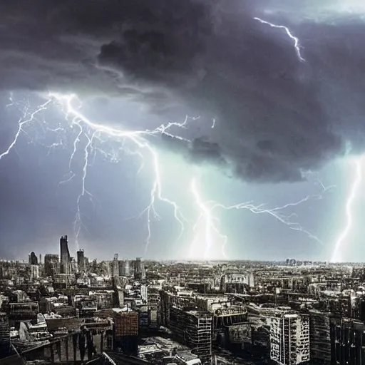 Image similar to a gigantic creature, towering over a city, during a thunderstorm, extreme detail,