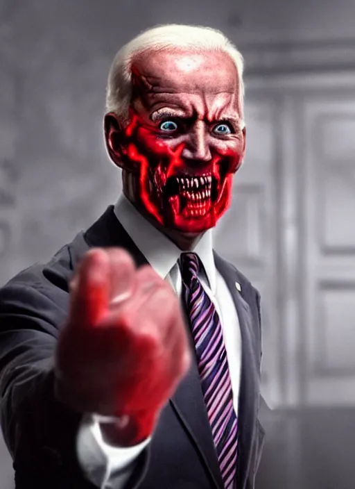 Image similar to hyper realistic terror photo Doom horror furious glowing red eyes biden