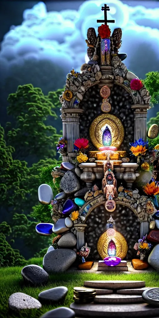 Prompt: Very nitid scene close view of humble altar made of stones, sacred totem with gems and food and feather and flower ,coins, godray, trees, wow clouds, stunning 3d render + dim volumetric lighting, 8k octane beautifully detailed render, post-processing, extremely hyperdetailed, intricate, epic composition, sparkling atmosphere, cinematic lighting + masterpiece, trending on artstation, very very detailed, masterpiece, stunning, a beautiful mermaid looking at the sunken city of Atlantic under water, ray of sunlight, detailed painterly digital art style by WLOP and , 8k octane beautifully detailed render, post-processing, extremely hyperdetailed, intricate, epic composition, grim yet sparkling atmosphere, cinematic lighting + masterpiece, trending on artstation, very detailed, vibrant colors, hyperrealistic mixed media painting of Gediminas Pranckevicius