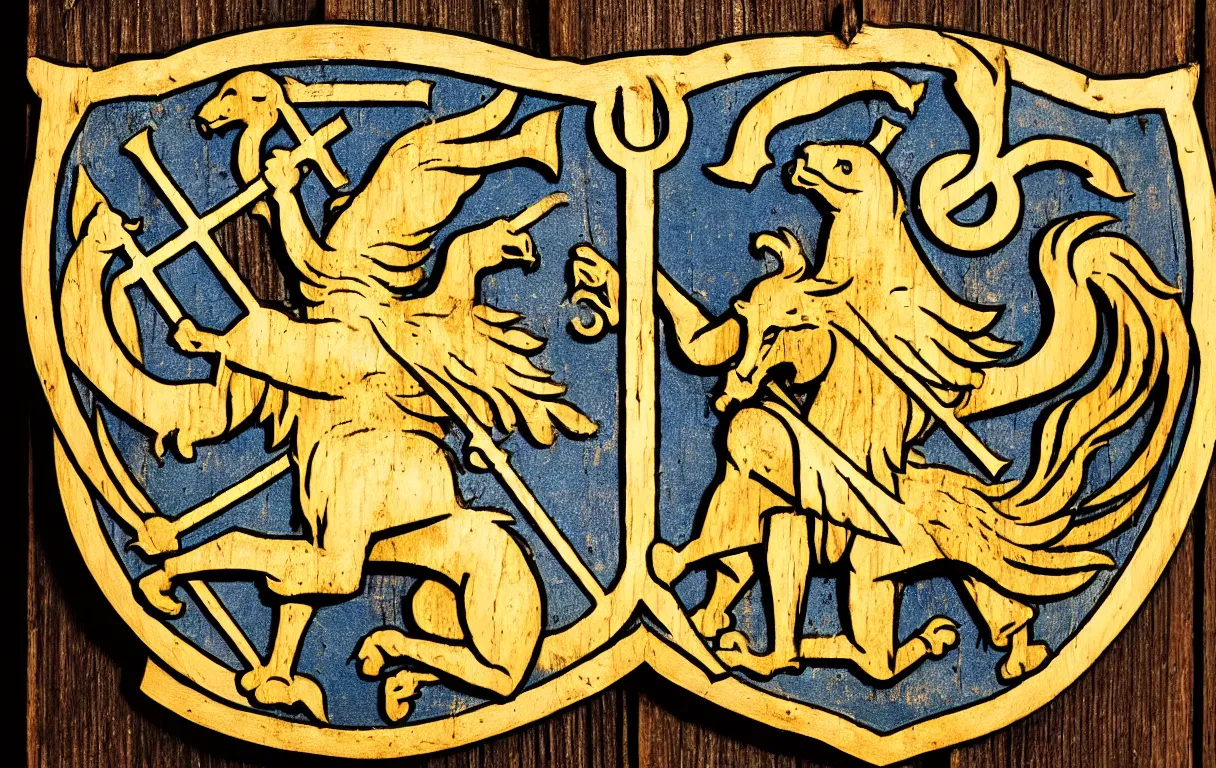 Image similar to medieval coat of arms containing the symbols of the five manna values from magic the gathering on a wooden shield