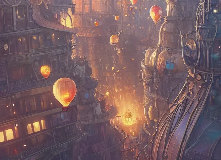 Prompt: a flying steampunk city, ballons, unreal engine, fantasy art by greg, loish, rhads, ferdinand knab, tom bagshaw, makoto shinkai and lois van baarle, rossdraws, ilya kuvshinov, night lighting, trending on studio ghibli, highly detailed, 8 k, octane render