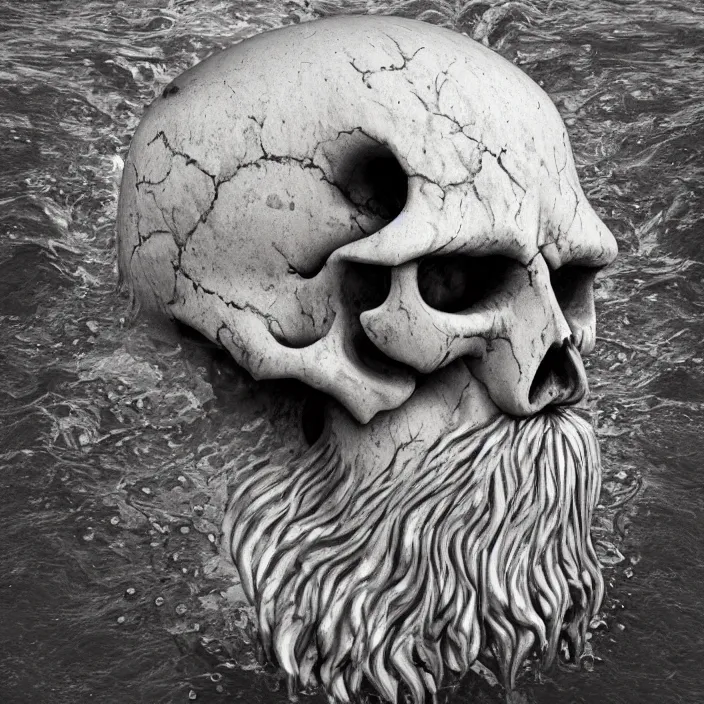 Prompt: bearded Viking face with skull showing on half of face rising through water surface, seen from above, dark fantasy art, 4k ultra hd, trending on artstation