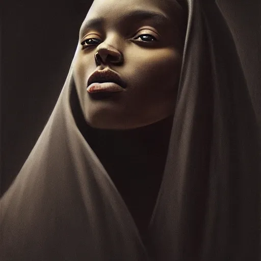 Image similar to a portrait of a young black woman wearing a long dark cloak, hood and shadows covering face, anatomically correct, beautiful perfect face, enigmatic, oil painting, matte painting, black background, Volumetric dynamic lighting, Highly Detailed, Cinematic Lighting, Unreal Engine, 8k, HD, by Beksinski