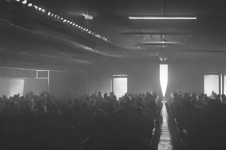 Prompt: a dark conference hall, half - full with people, atmospheric and obscure, red neon light, by roger deakins, cinematography, syd mead