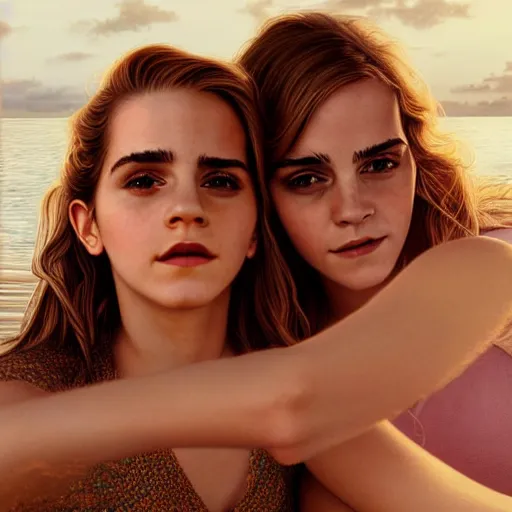 Image similar to beautiful serene intricate portrait of emma watson and emma watson taking a selfie, relaxing on the beach, golden hour, soft focus, 8 k, art by irakli nadar, hyperrealism, hyperdetailed, ultra realistic