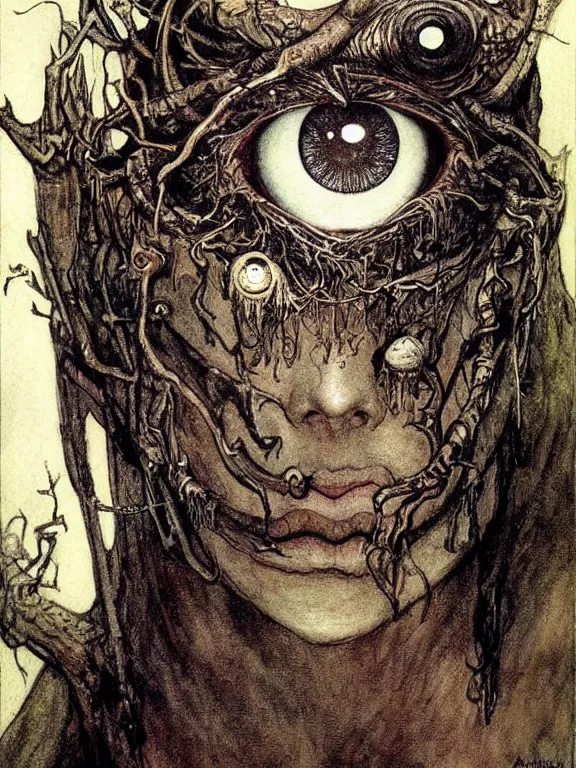 Prompt: 👁 one-eyed fantasy humanoid concept art with one huge eye in the center of the forehead and with smooth skin in place of the nose. Without the nose. Extremely high detail, details, realistic, fantasy art, solo, masterpiece, portrait painting, saturated colors, art by Arthur Rackham, Muzinabu