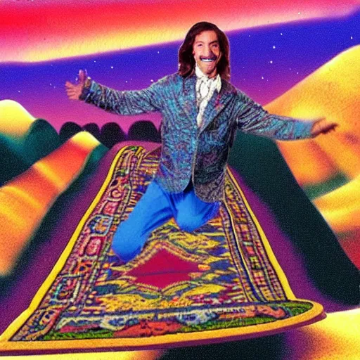 Image similar to “Doug Henning on a magic carpet flying over the mountains in the style of scrojo”