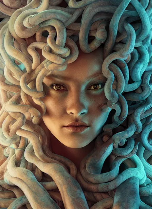 Prompt: medusa made of soft wax, wooden art nouveau swirls, strong subsurface scattering, cables, tubes, subsurface scattering, in the style of ruan jia and pascal blanche and giger, subsurface scattering, mystical colors, rim light, dramatic lighting, 8 k, stunning scene, raytracing, octane render, trending on artstation