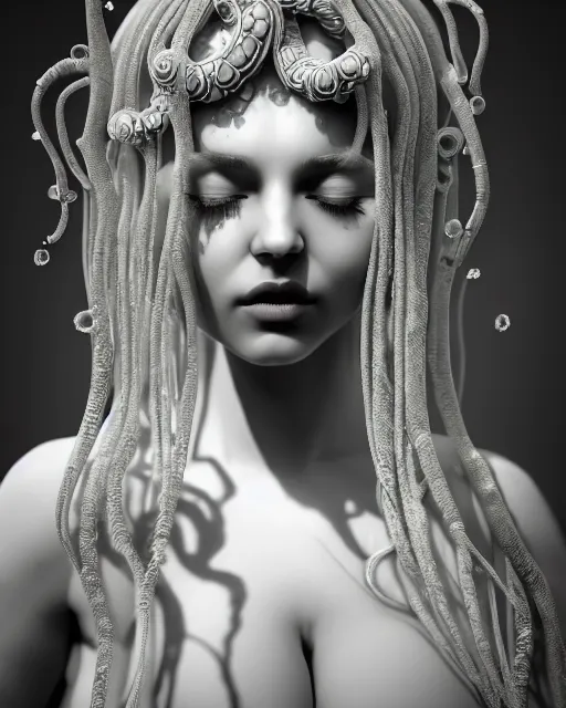 Image similar to mythical dreamy underwater artistic black and white 3 d render of a translucent beautiful young female angelic - medusa - vegetal - doll, highly detailed, intricate crystal ivy jelly ornate, poetic, translucent algae ornate, digital art, octane render, 8 k artistic photography, photo - realistic, hg giger flora borsi