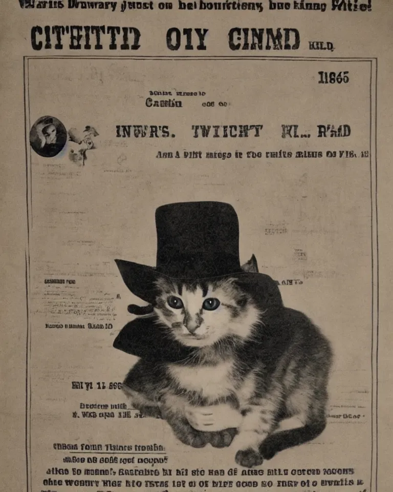 Image similar to 1865 wanted poster Wanted $1000 Reward kitten in cowboy hat Billy the Kit