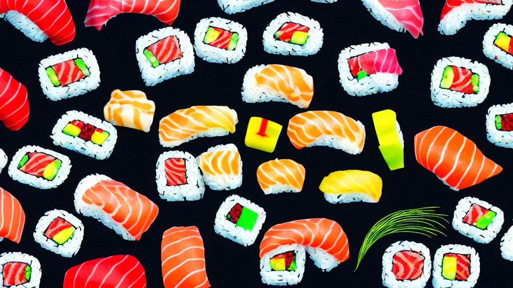 Prompt: an arrangement of sushi, a collage painting, in the style of wes anderson, lola dupre, david hockney, isolated on negative white space background dark monochrome neon spraypaint accents volumetric octane render