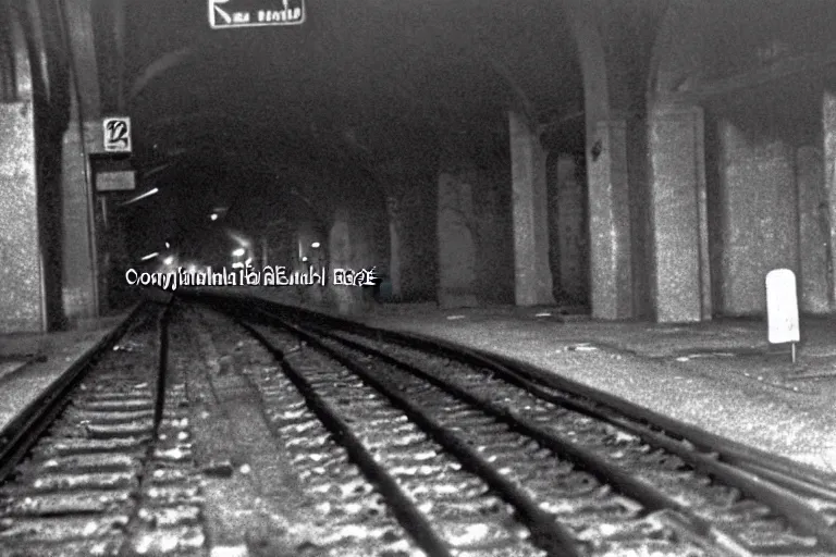 Prompt: photo from 1 9 6 5. very large giant mutant zombie irradiated ( angry rat ) staying on railways in tonnel of moscow subway. extreme high detail, very realistic. extreme long shot, low dark light, scary mood, anish kapoor, herman nitsch.