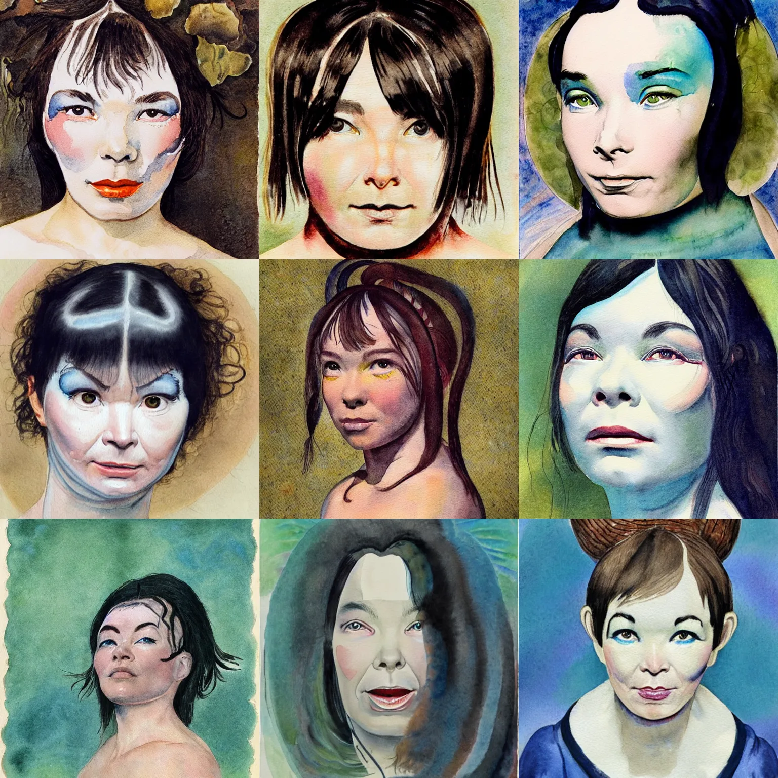 Prompt: photorealistic portrait of bjork, painted in watercolor by william blake, bjork's face wearing very little makeup, 1 8 2 6.