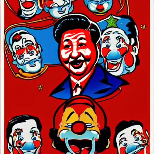 Prompt: xi jinping as communist clown, clown, soviet propaganda style, vivid colors, detailed lines, dominating red color, detailed portrait, poster style