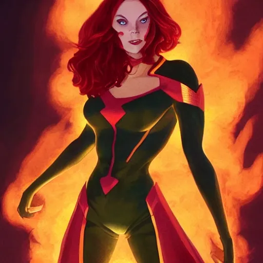 Image similar to jean grey, a full body portrait of jean grey, green eyes, red hair, phoenix rising, flames, flying, comic, x - men, highly detailed, artstation, deviantart, symetry, digital painting, vivid colors, realistic shaded perfect face, volumetric lighting, atmospheric, sharp focus, moody, art by artgerm and greg rutkowski, 8 k