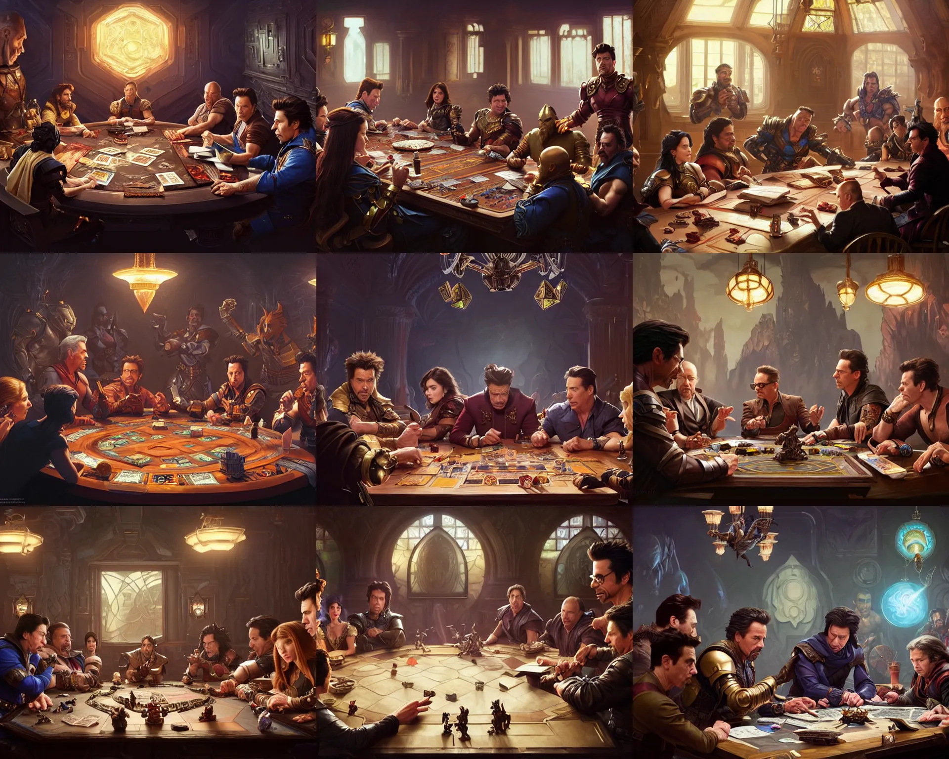 Prompt: film still, downey jr, travolta, sheen, norton sit at table playing dnd, deep focus, d & d, fantasy, intricate, elegant, highly detailed, digital painting, artstation, concept art, matte, sharp focus, illustration, hearthstone, art by artgerm and greg rutkowski and alphonse mucha.