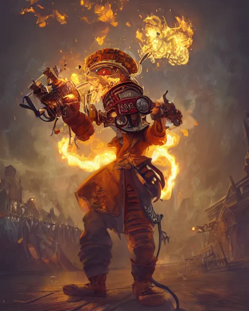 Image similar to Chicken, Anthropomorphized, holding flamethrower, raging, Golden Steampunk city atmosphere, magic the gathering artwork, D&D, fantasy, cinematic lighting, centered, symmetrical, highly detailed, digital painting, artstation, concept art, smooth, sharp focus, illustration, volumetric lighting, epic Composition, 8k, art by Akihiko Yoshida and Greg Rutkowski and Craig Mullins, heroic pose, oil painting, cgsociety