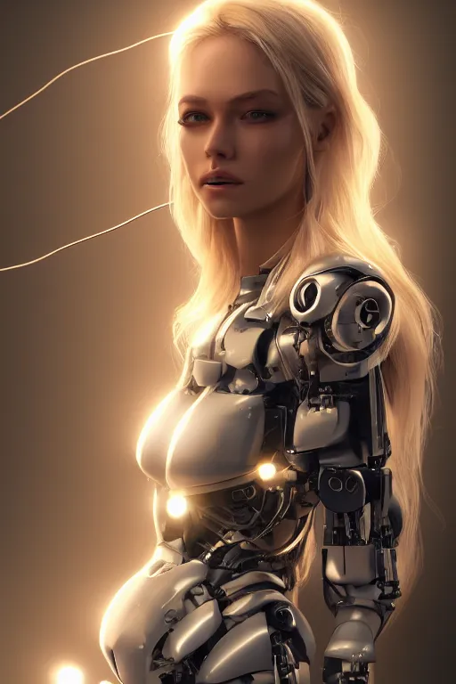 Image similar to a beautiful woman with blonde hair wearing robot suit with wires and light, highly detailed, photorealistic, artstation, smooth