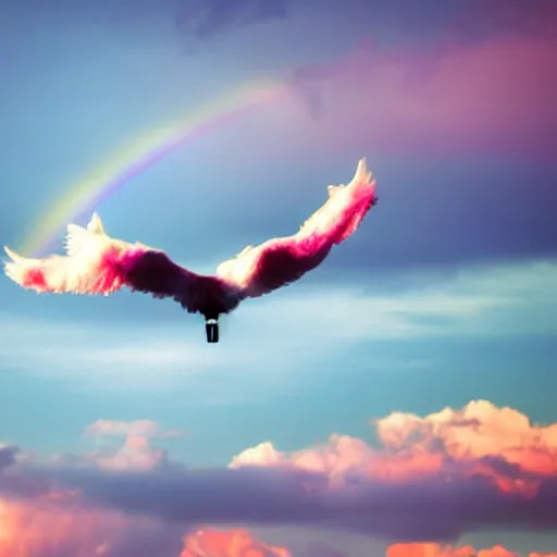 Image similar to Angel-winged limousine flying into a cloudy but sunny pink sky - rainbow on the background