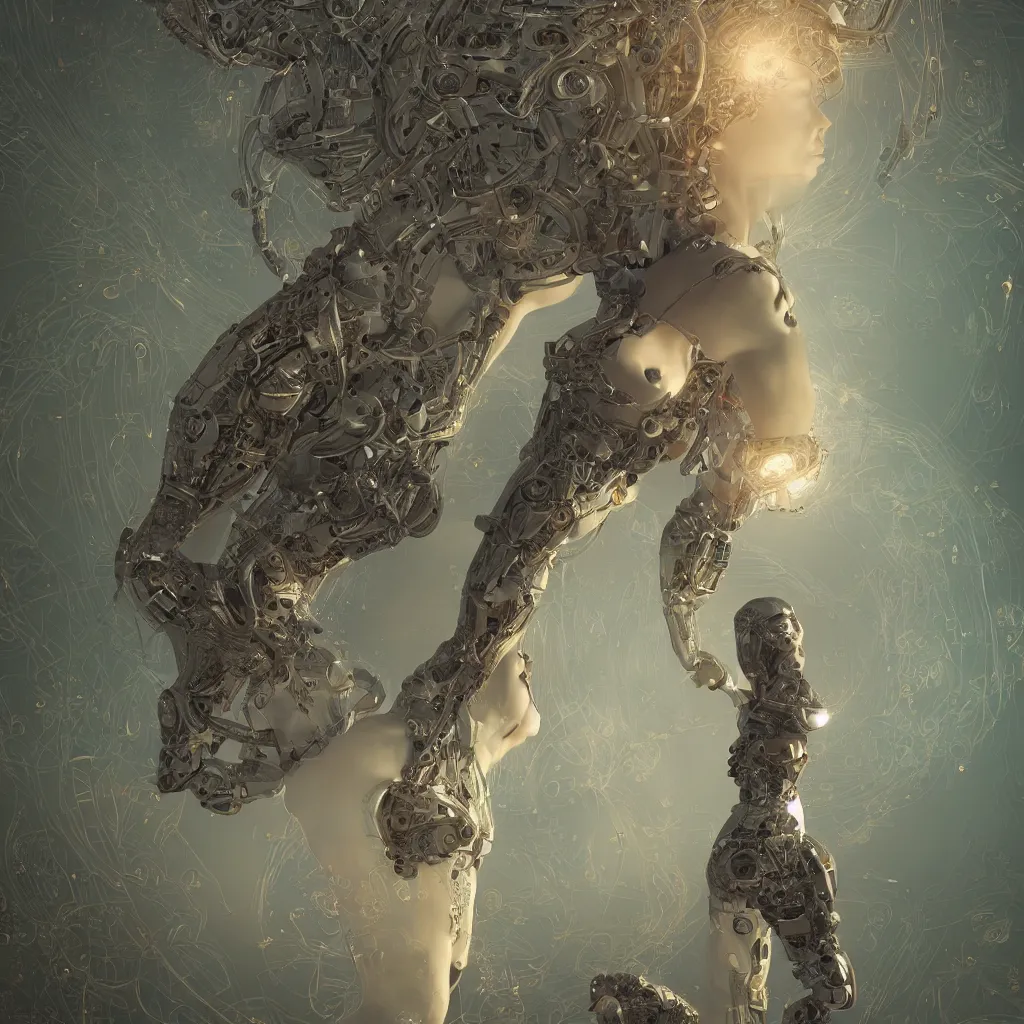 Prompt: a photo of a girl half robot, 3 d render 8 k shoot, volume light, cinematic light effect, super realistic, super wide angle, rococo ornament, cinematic, symmetrical ornament, decorative frame, by victo ngai, moebius, metal hurlant, leon francois comerre, craig mullins, mucha, klimt, artstation