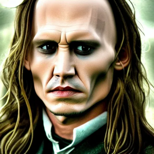 Image similar to Film Still of a Younger Adult Johnny Depp playing Young Adult Voldemort in Harry Potter, Film Still, realistic, hyperrealistic, very realistic, very very realistic, highly detailed, very detailed, extremely detailed, detailed, detailed face, very detailed face, very detailed face, realism, HD Quality, 8k resolution, intricate details, body and head in frame, Real Life