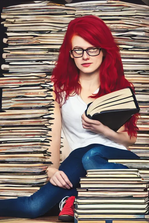 Prompt: a young woman with red hair and glasses sits cross legged on top of a tall pile of books. she is reading. clean simple pretty cartoon painting, beautiful detailed face.