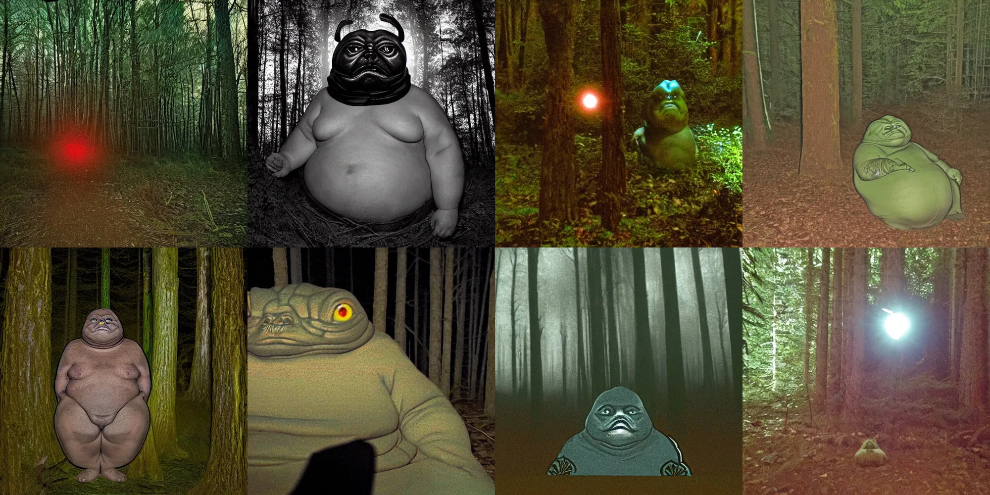 Prompt: trail camera photograph of jabba the hutt at night in the forest. obscurity. darkness!!!. flash light. red eyes. motion blur. dim light.