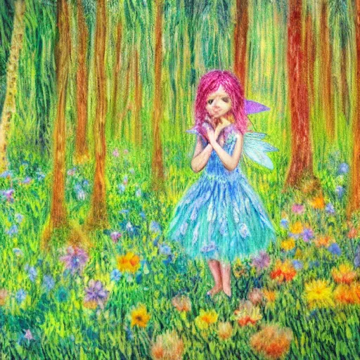 Prompt: tiny fairies playing hide and seek in a dense floral forest, green, colourful, playful, drawing, impressionism