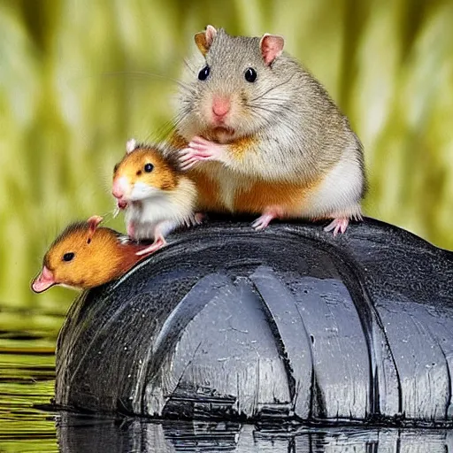 Image similar to a hamster riding on top of a duck, wildlife photography-g