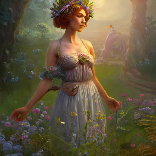 Image similar to a beautiful solarpunk princess wearing a sundress and a tiara, garden, summer, 8k resolution matte fantasy painting, cinematic lighting, DeviantArt, Artstation, Jason Felix Steve Argyle Tyler Jacobson Peter Mohrbacher