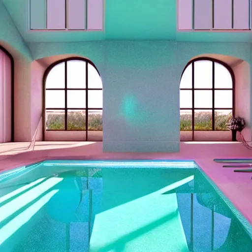 Prompt: A sunlit indoor lounge area with a pool with clear water and another pool with translucent pastel pink water, next to a big window, digital art