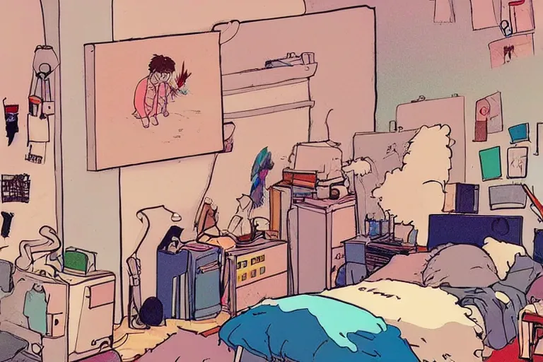 Image similar to messy bedroom, style of studio ghibli + moebius + basquiat, cute, lofi, artstation