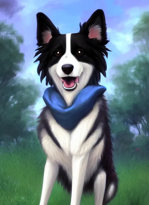 Image similar to full body digital painting of a cute male anthropomorphic border collie fursona wearing a trenchcoat and blue denim shorts in front of a park, furaffinity, scenic background, intricate, elegant, beautiful, fantasy, highly detailed, trending on artstation, art by charlie bowater and henry asencio and and ross tran