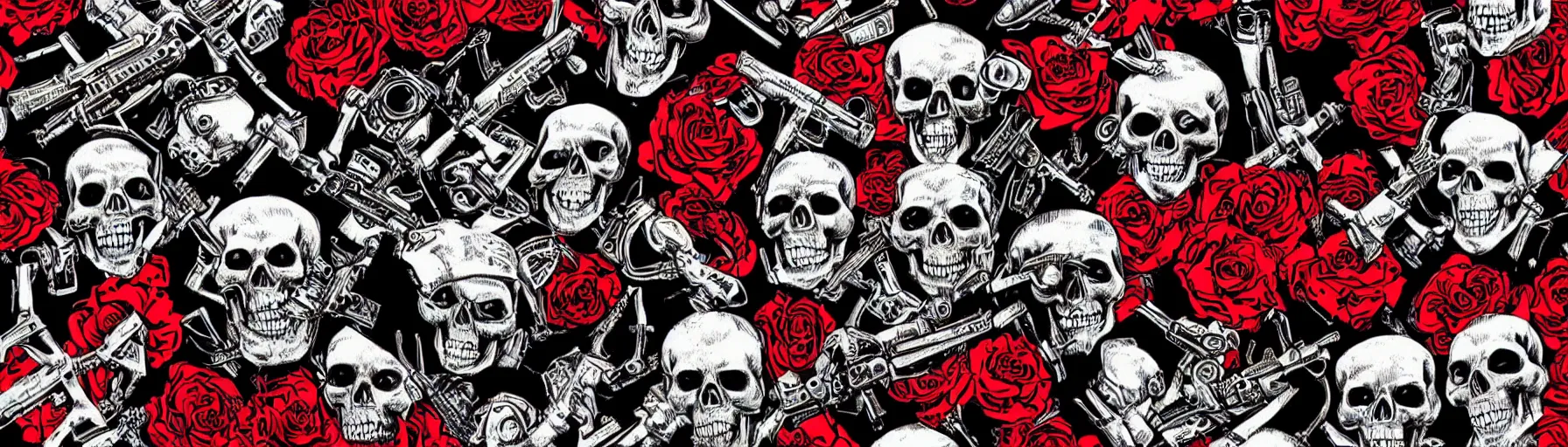 Prompt: a badass guns and roses wallpaper mural on a crimson and black background, skull and crossbones, intricate illustration