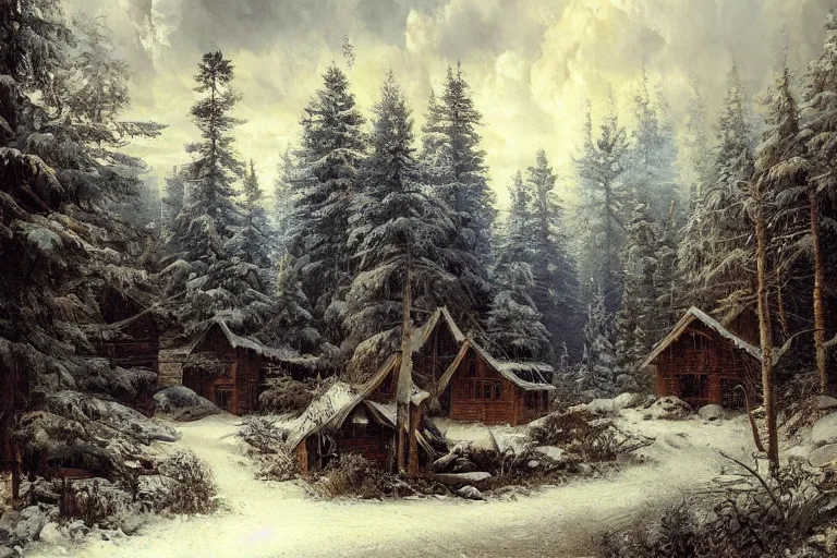 Image similar to A beautiful painting of russian village in dark forest by ivan shishkin and arkhip kuindji, trending on artstation,matte painting