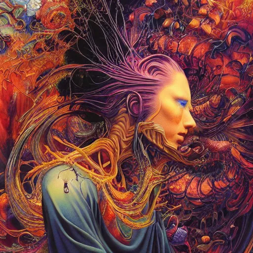 Prompt: realistic detailed oil painting of another reality. surreal, by lisa frank, ayami kojima, amano, karol bak, greg hildebrandt, beeple, morpheus, and mark brooks, neo - gothic, gothic, rich deep colors. beksinski painting, part by dan mumford and gerhard richter. art by takato yamamoto. masterpiece