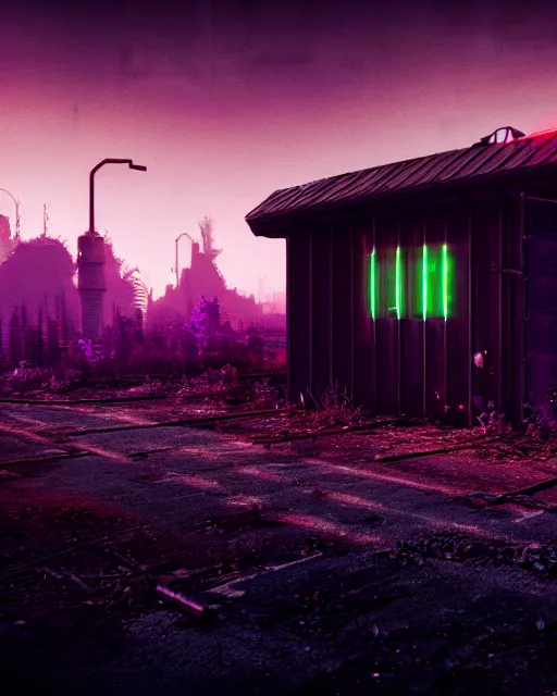 Image similar to a beautiful photorealistic rendering of urbex storage building city industrial architecture nature abandoned by beeple, azeroth neon noir nightvision lightpaint synthwave tron landscape at night thermal imaging darkacademia infrared meadow bladerunner 2 0 4 9 biopunk, archdaily, wallpaper, highly detailed, trending on artstation.