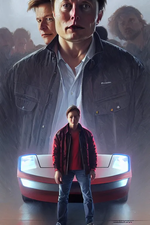 Image similar to elon musk as marty mcfly near cybertruck, realistic portrait, symmetrical, highly detailed, digital painting, artstation, concept art, smooth, sharp focus, illustration, cinematic lighting, art by artgerm and greg rutkowski and alphonse mucha