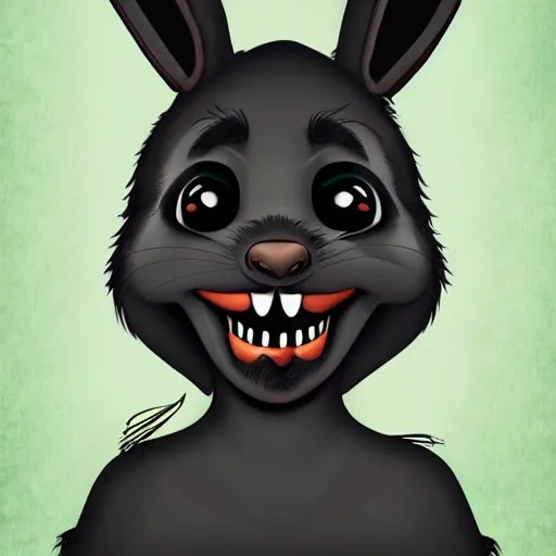 Image similar to A extremely highly detailed majestic hi-res beautiful, highly detailed head and shoulders portrait of a scary terrifying, horrifying, creepy black cartoon rabbit with scary big eyes, earing a shirt laughing, hey buddy, let's be friends, in the style of Walt Disney animation