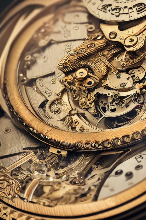 Prompt: a macro photo of a mechanical watch, close - up, intricate details, intricately detailed engravings, intricate textures, warm lighting, vivid colors, realistic octane render, hyper realistic render, volumetric shading, depth of field, raytracing, 8 k,