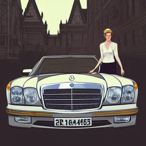 Image similar to Princess Diana standing next to a Mercedes-Benz W140, highly detailed, digital painting, artstation, concept art, smooth, sharp focus, illustration, art by artgerm and alphonse mucha, high definition digital art, in the style of Ross tran and ilya kuvshinov