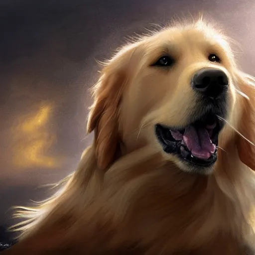 Prompt: portrait of a fluffy golden retriever dog, happy, upper body, with his mouth open, looking toward the camera, D&D, fantasy, intricate, cinematic lighting, highly detailed, digital painting, artstation, concept art, smooth, sharp focus, illustration, art by Artgerm and Greg Rutkowski and Alphonse Mucha