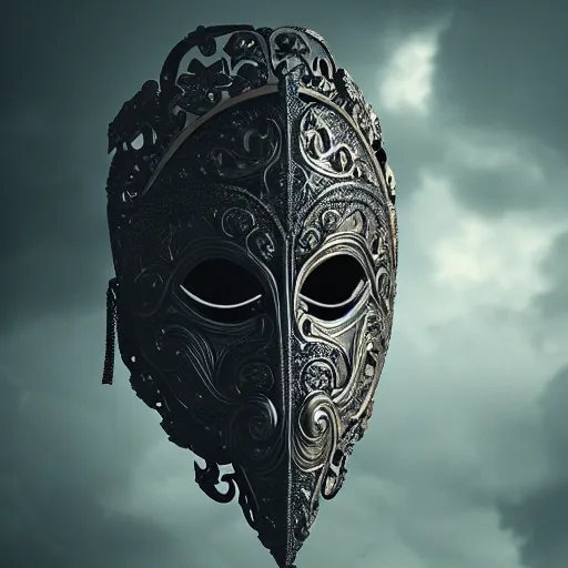 Image similar to an elaborate intricate mask surrounded by storm clouds, rendered in octane, behance hd, bokeh backdrop